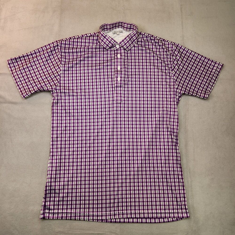 Collars & Co‎ Dress Collar Polo Shirt Men's L Purple Gingham Plaid Short Sleeve